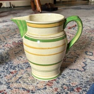 Handcrafted Vtg German Ceramic Pitcher with Green/Yellow Stripes hand painted